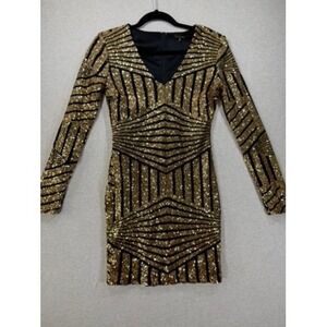 Depri Sequin Mini‎ Dress Womens Small Gold Black Excellent Art Deco Bodycon